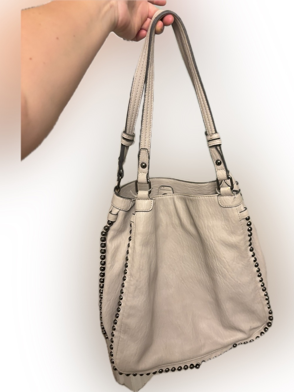 Jessica Simpson studded hobo shoulder bag in ivory with silver-toned hardware